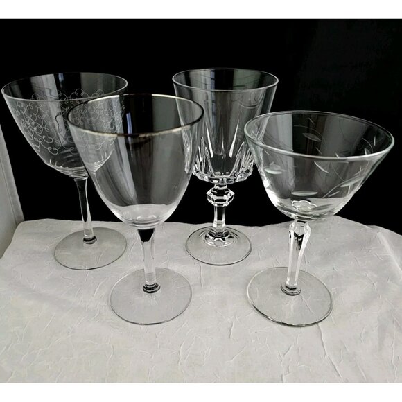 4 Mismatched Vintage Wine Glassware Collection etched mixed cocktail glasses - Picture 2 of 10